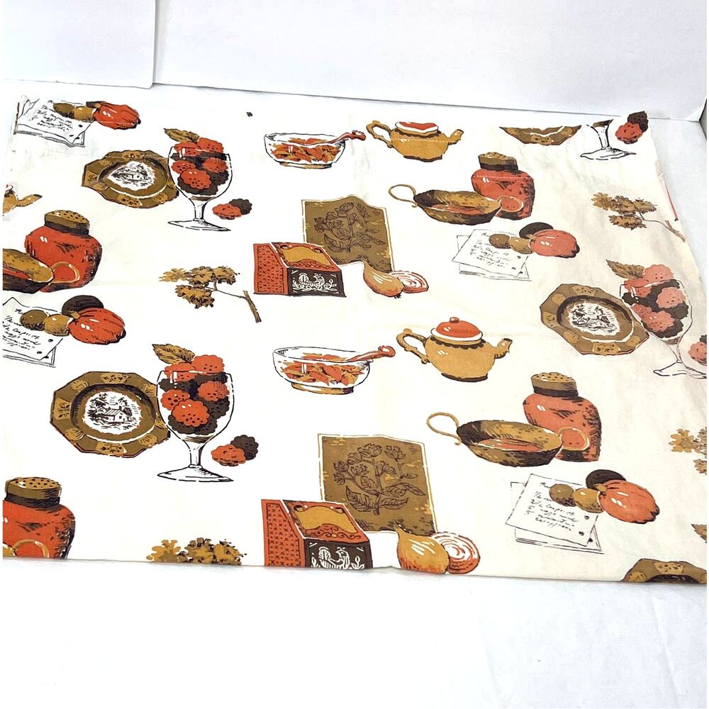 Vintage Curtains Valance 3 Pc Set Kitchen Items Print Orange Gold Brown MCM